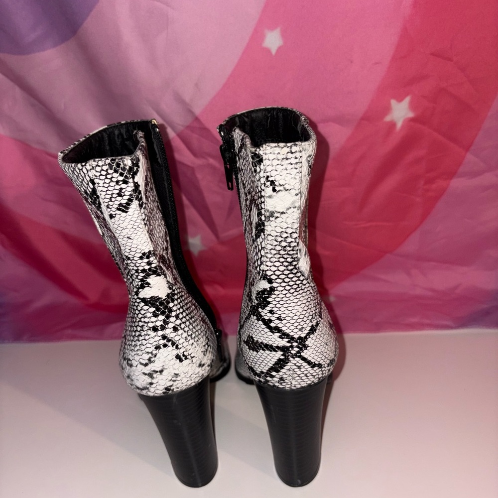 Fashion Nova Black and White Snake Print Heeled Boots